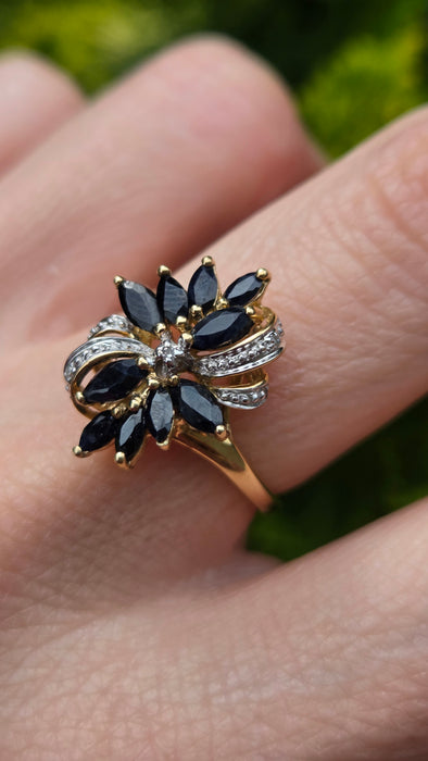 Vintage: 9ct Yellow Gold Sapphire & Diamond Dress Ring