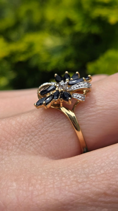 Vintage: 9ct Yellow Gold Sapphire & Diamond Dress Ring