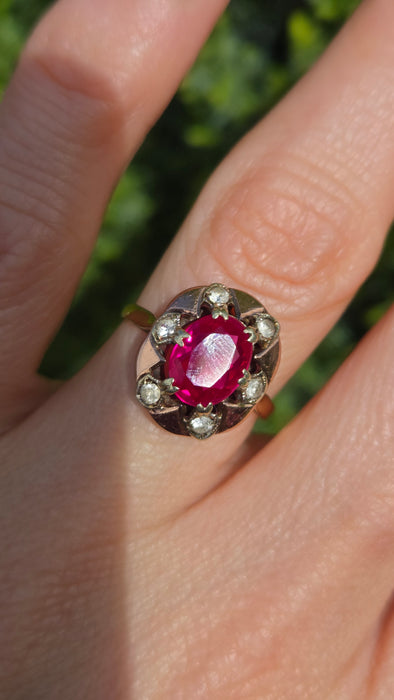 Vintage: 9ct Gold Ruby & White Spinel Cluster Ring