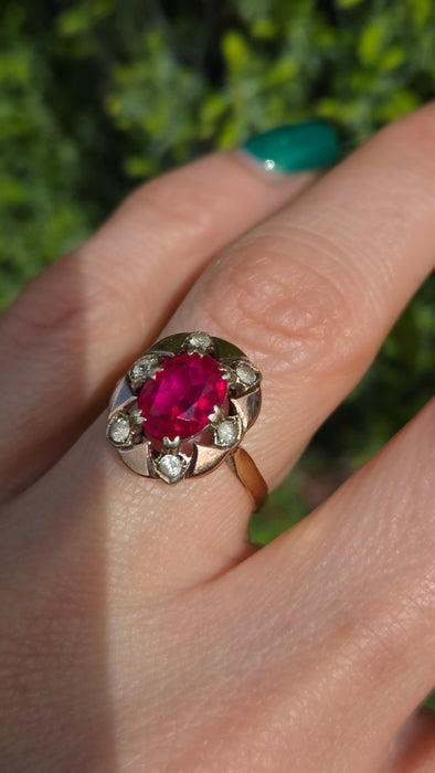 Vintage: 9ct Gold Ruby & White Spinel Cluster Ring