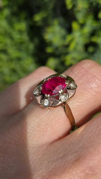 Vintage: 9ct Gold Ruby & White Spinel Cluster Ring