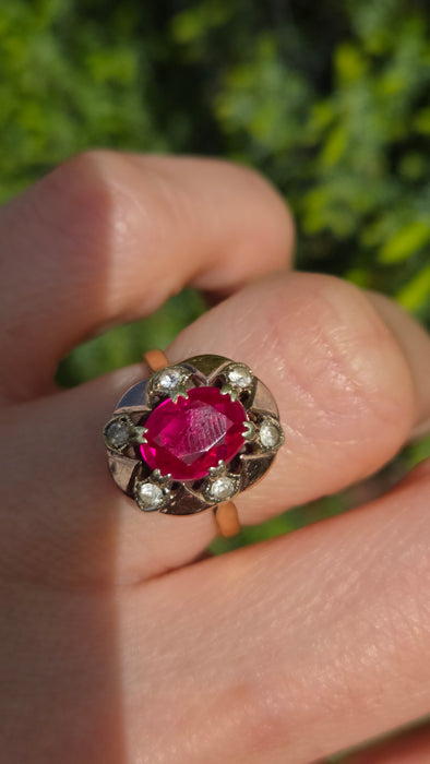 Vintage: 9ct Gold Ruby & White Spinel Cluster Ring