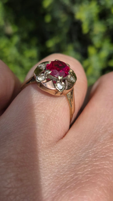 Vintage: 9ct Gold Ruby & White Spinel Cluster Ring