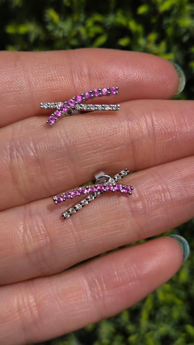 Vintage: 18ct White Gold Ruby & Natural Diamond Crossover Stud Earrings
