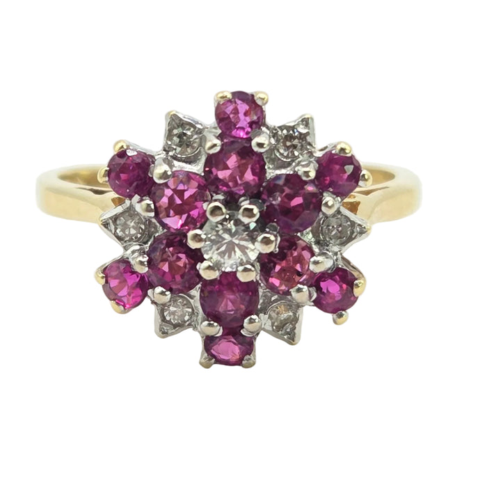 Vintage: 18ct Yellow Gold Ruby & Diamond Snowflake Cluster Ring — From 1976