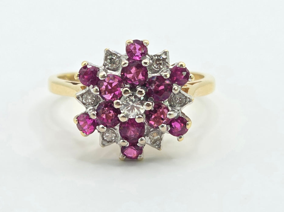 Vintage: 18ct Yellow Gold Ruby & Diamond Snowflake Cluster Ring — From 1976
