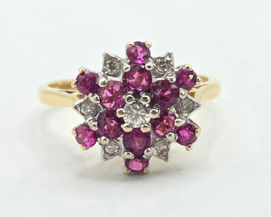 Vintage: 18ct Yellow Gold Ruby & Diamond Snowflake Cluster Ring — From 1976