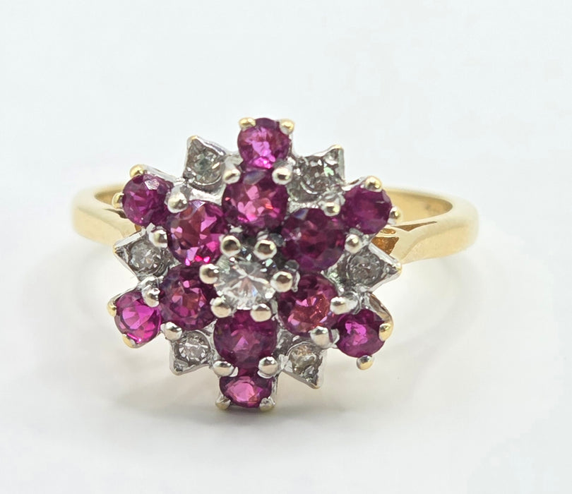 Vintage: 18ct Yellow Gold Ruby & Diamond Snowflake Cluster Ring — From 1976