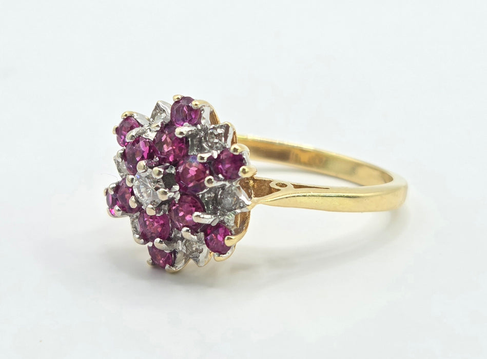 Vintage: 18ct Yellow Gold Ruby & Diamond Snowflake Cluster Ring — From 1976