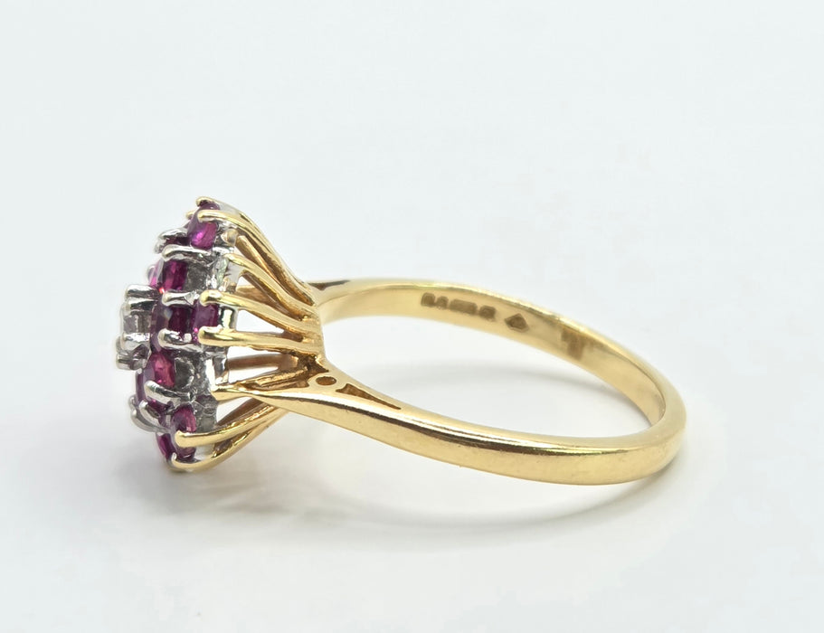 Vintage: 18ct Yellow Gold Ruby & Diamond Snowflake Cluster Ring — From 1976