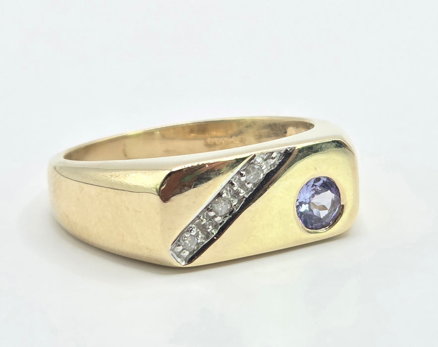 Vintage: 9ct Yellow Gold Tanzanite & Diamond Statement Signet Ring