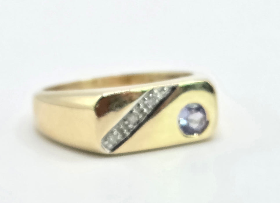 Vintage: 9ct Yellow Gold Tanzanite & Diamond Statement Signet Ring