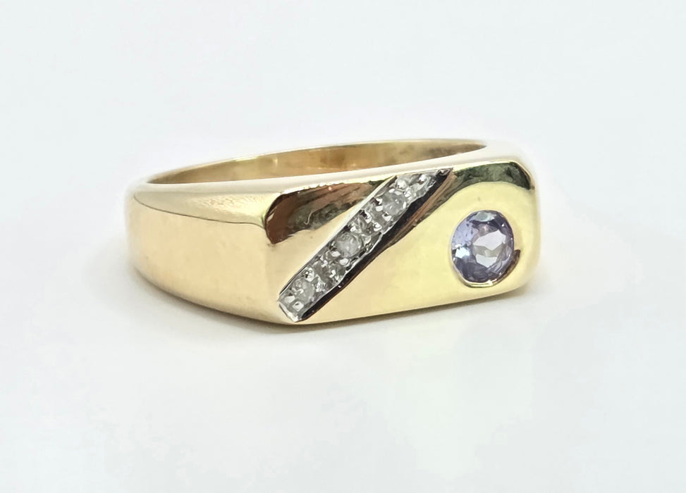 Vintage: 9ct Yellow Gold Tanzanite & Diamond Statement Signet Ring