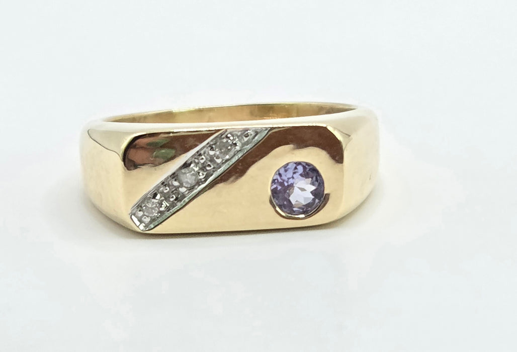 Vintage: 9ct Yellow Gold Tanzanite & Diamond Statement Signet Ring