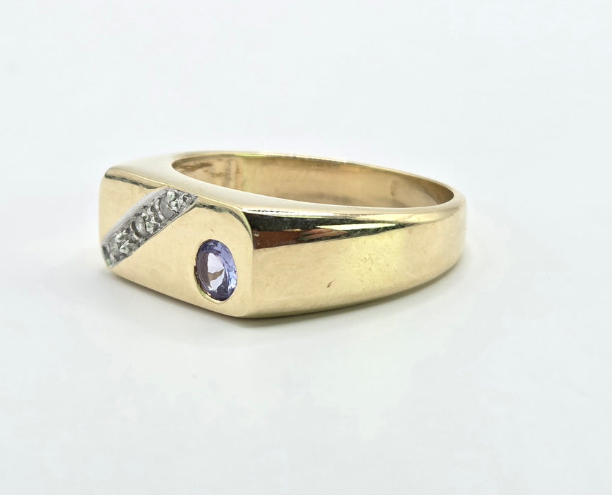 Vintage: 9ct Yellow Gold Tanzanite & Diamond Statement Signet Ring