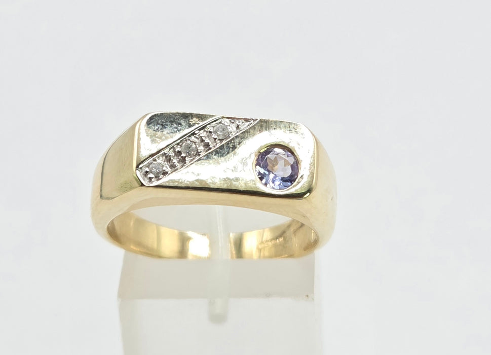 Vintage: 9ct Yellow Gold Tanzanite & Diamond Statement Signet Ring