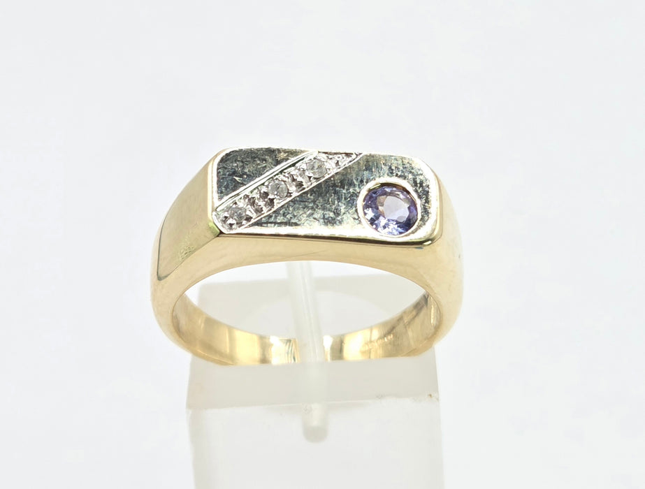 Vintage: 9ct Yellow Gold Tanzanite & Diamond Statement Signet Ring