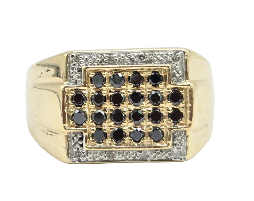 Vintage: 9ct Yellow Gold Black & White Diamond Statement Signet Ring — 0.66ct