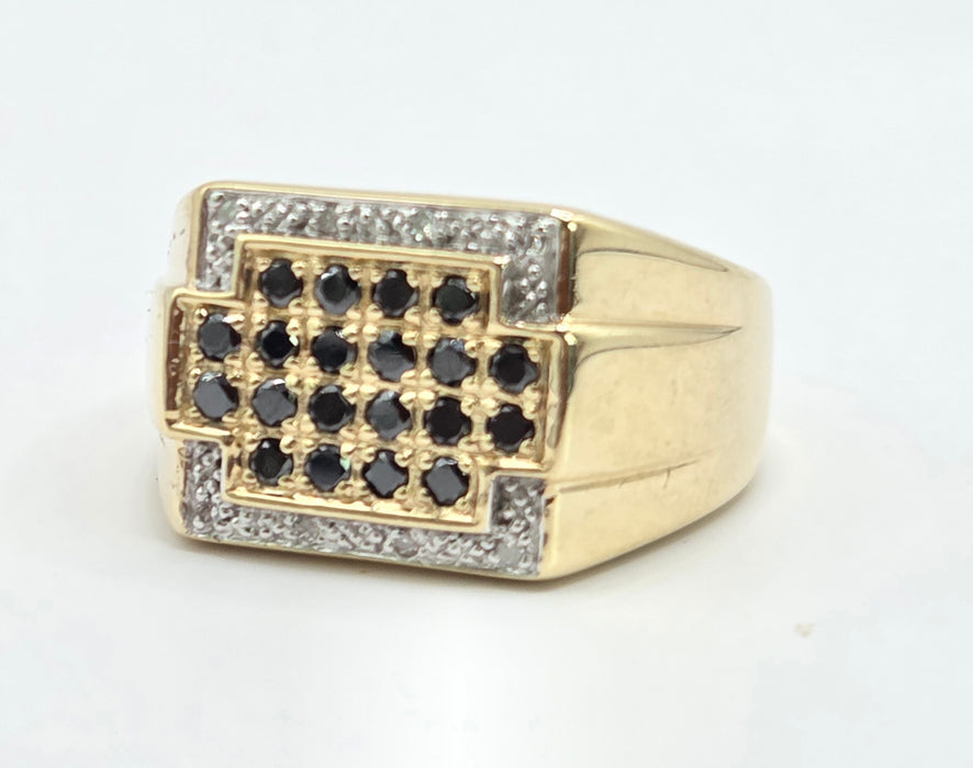 Vintage: 9ct Yellow Gold Black & White Diamond Statement Signet Ring — 0.66ct