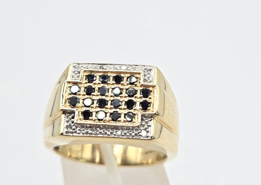 Vintage: 9ct Yellow Gold Black & White Diamond Statement Signet Ring — 0.66ct