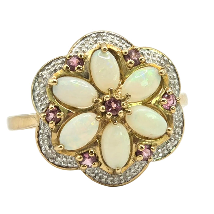 Vintage: 9ct Yellow Gold Opal, Rubellite & Diamond Flower Cluster Ring