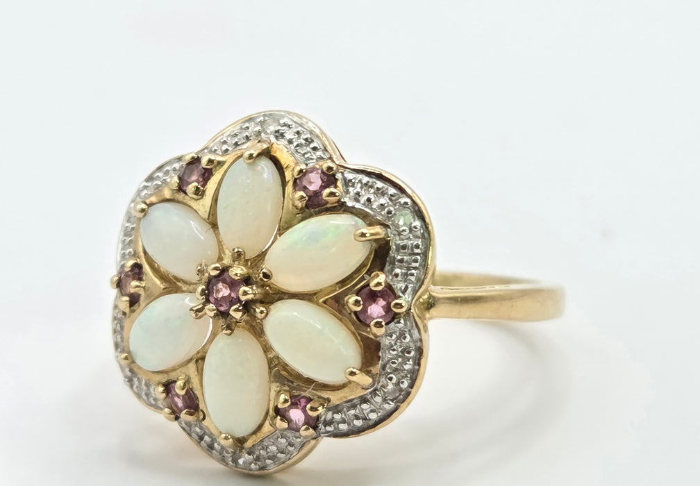 Vintage: 9ct Yellow Gold Opal, Rubellite & Diamond Flower Cluster Ring
