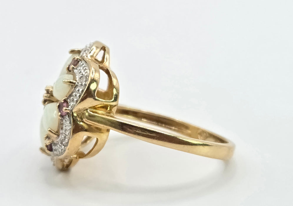 Vintage: 9ct Yellow Gold Opal, Rubellite & Diamond Flower Cluster Ring