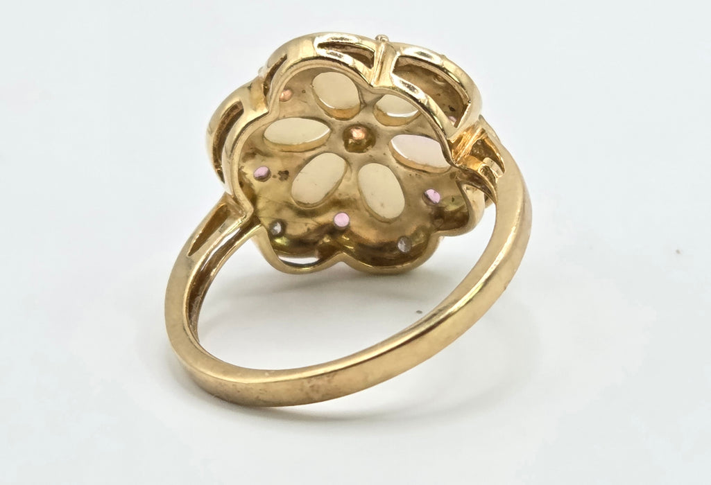 Vintage: 9ct Yellow Gold Opal, Rubellite & Diamond Flower Cluster Ring