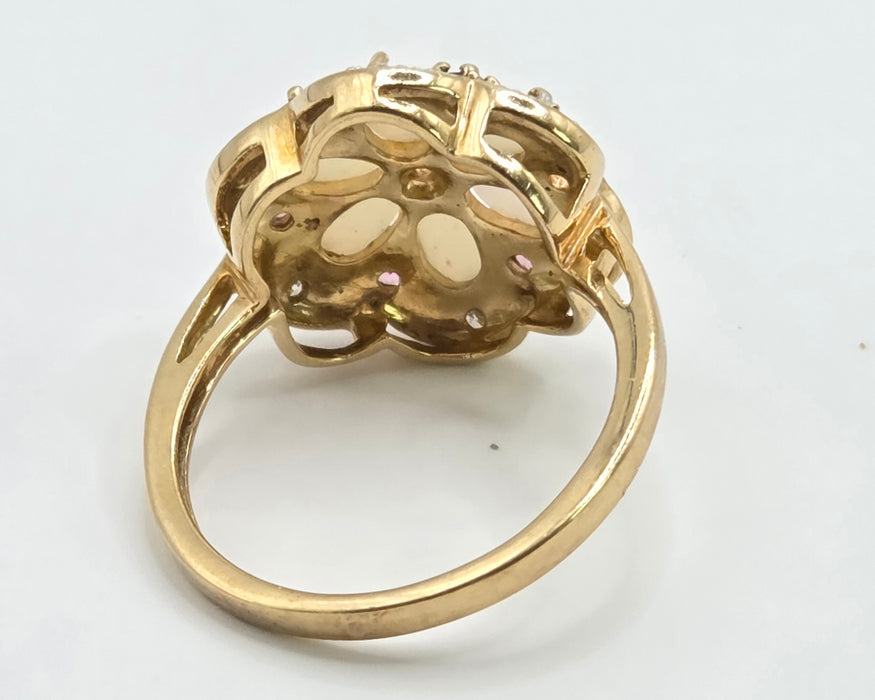 Vintage: 9ct Yellow Gold Opal, Rubellite & Diamond Flower Cluster Ring