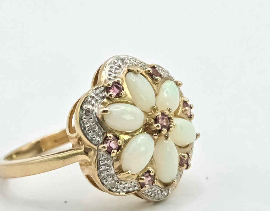 Vintage: 9ct Yellow Gold Opal, Rubellite & Diamond Flower Cluster Ring