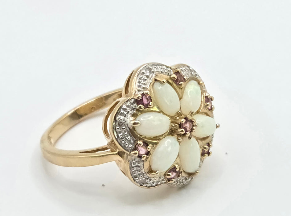 Vintage: 9ct Yellow Gold Opal, Rubellite & Diamond Flower Cluster Ring