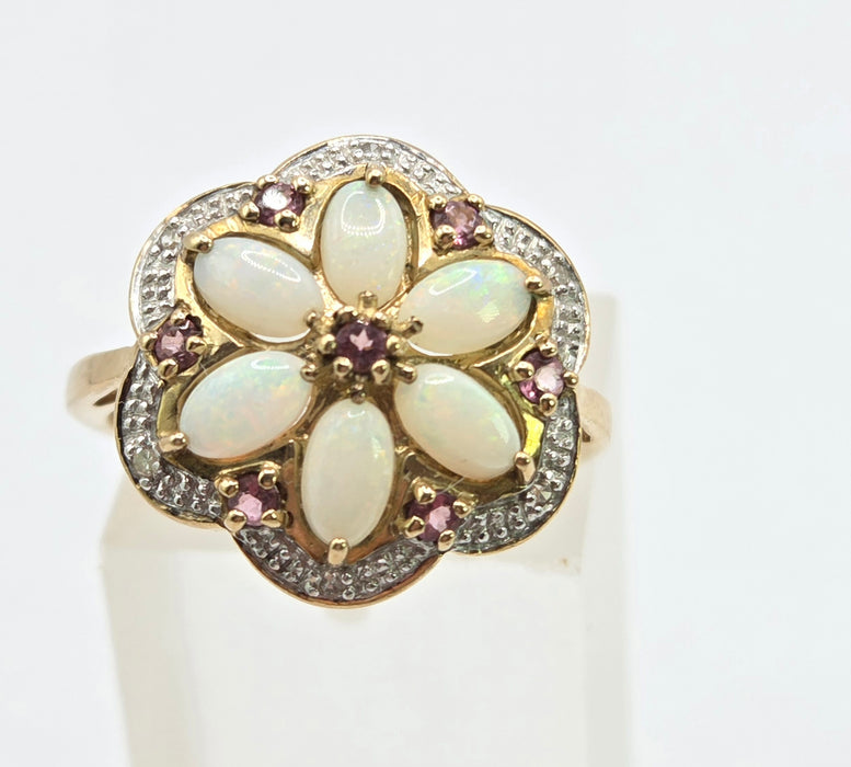 Vintage: 9ct Yellow Gold Opal, Rubellite & Diamond Flower Cluster Ring