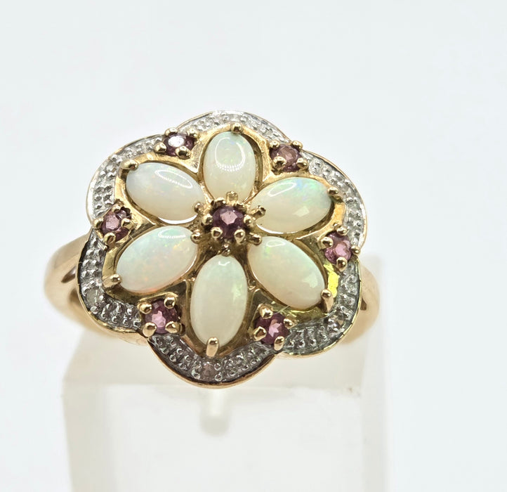 Vintage: 9ct Yellow Gold Opal, Rubellite & Diamond Flower Cluster Ring