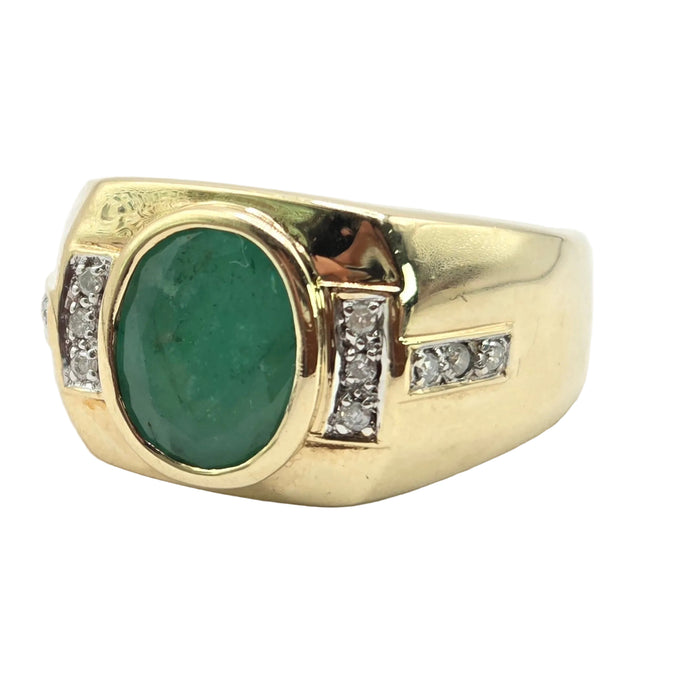 Vintage: 9ct Yellow Gold Emerald & Diamond Signet Ring- A beautiful statement