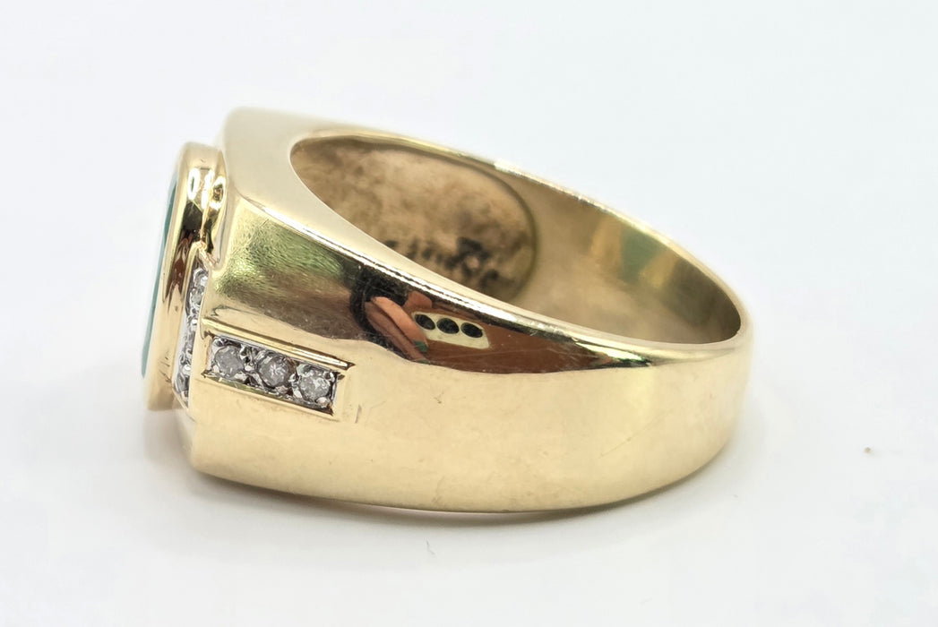 Vintage: 9ct Yellow Gold Emerald & Diamond Signet Ring- A beautiful statement