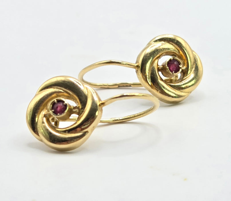 Vintage: 18ct Yellow Gold  Ruby Swirl Drop Earrings