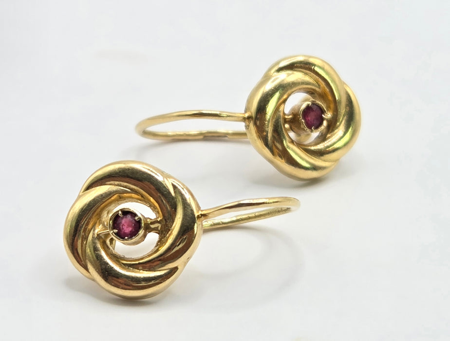 Vintage: 18ct Yellow Gold  Ruby Swirl Drop Earrings