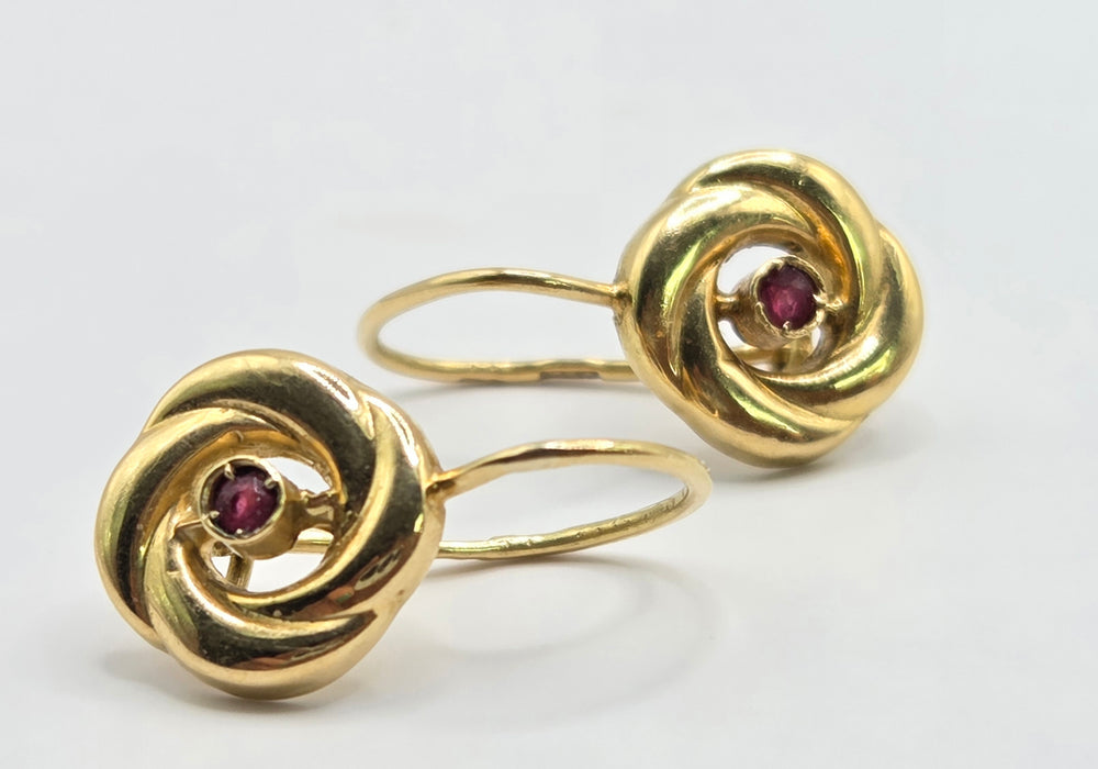 Vintage: 18ct Yellow Gold  Ruby Swirl Drop Earrings