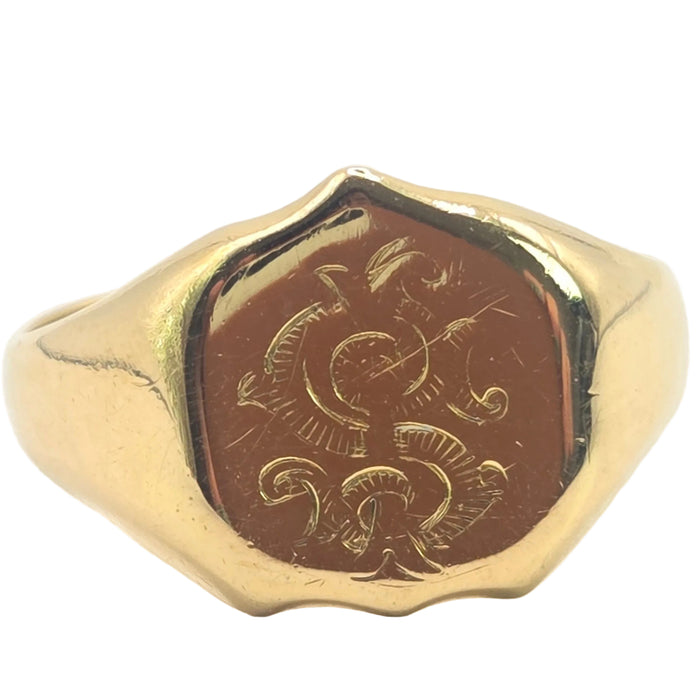 Antique: 18ct Yellow Gold Engraved Signet Ring — From 1918