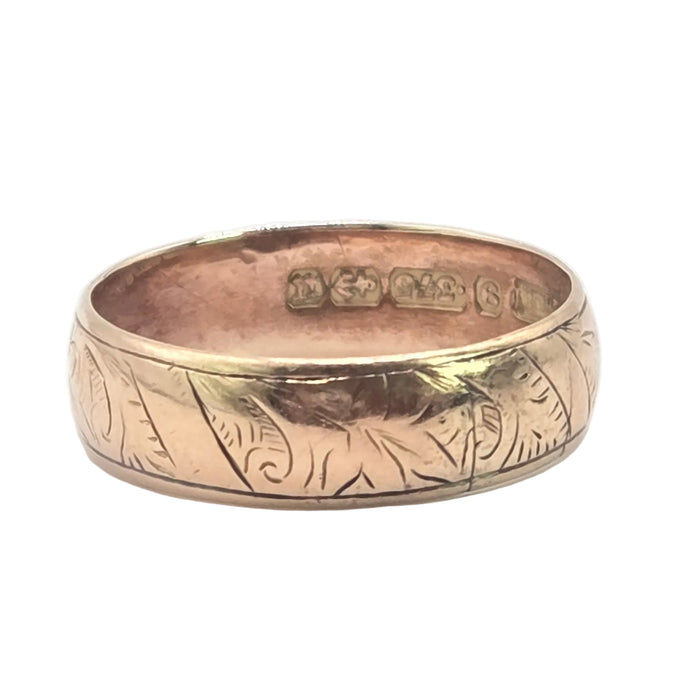 Antique: 9ct Rose Gold Engraved Wedding Band Ring — From 1894