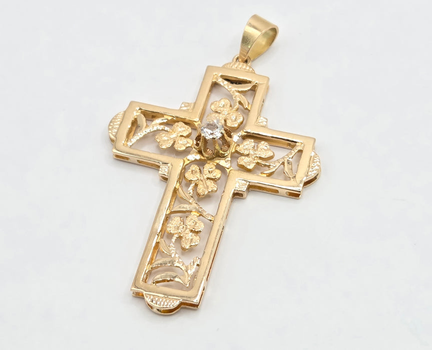 Vintage: 14ct Yellow Gold White Quartz Celtic Shamrock Cross Pendant