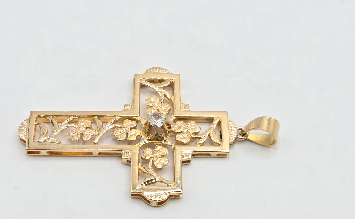 Vintage: 14ct Yellow Gold White Quartz Celtic Shamrock Cross Pendant