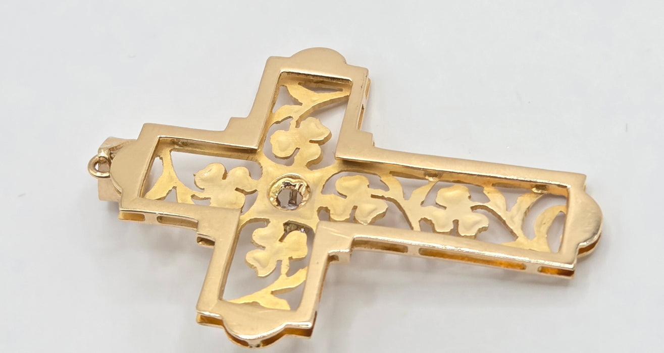 Vintage: 14ct Yellow Gold White Quartz Celtic Shamrock Cross Pendant