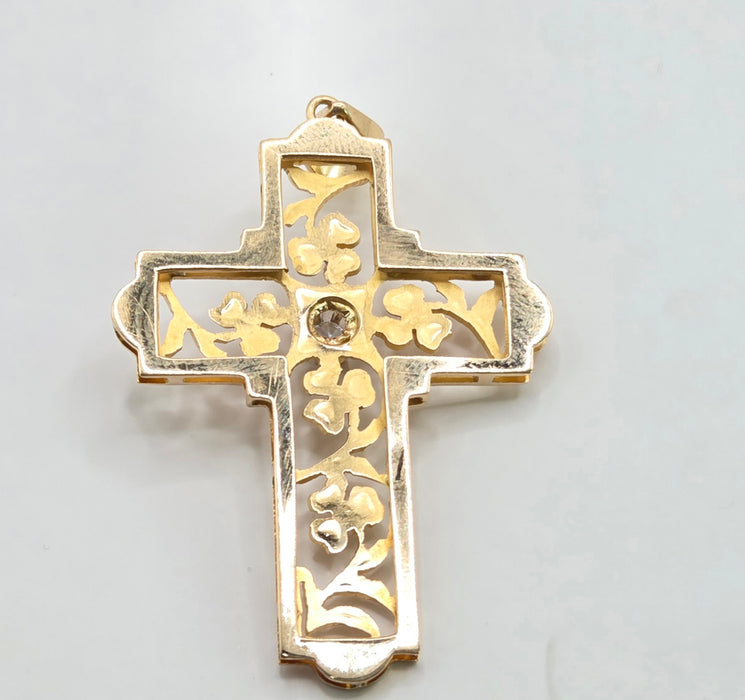 Vintage: 14ct Yellow Gold White Quartz Celtic Shamrock Cross Pendant