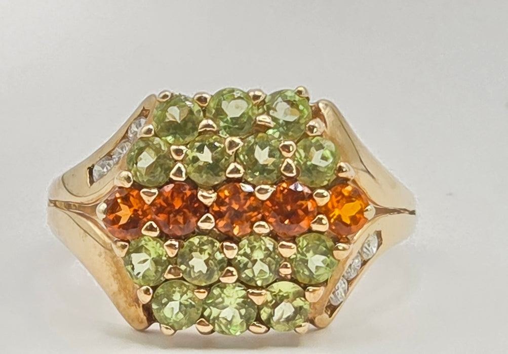 Vintage: 9ct Yellow Gold Peridot & Citrine Cluster Ring