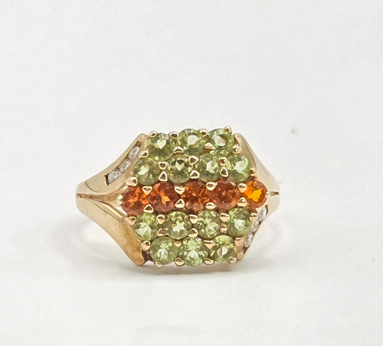 Vintage: 9ct Yellow Gold Peridot & Citrine Cluster Ring