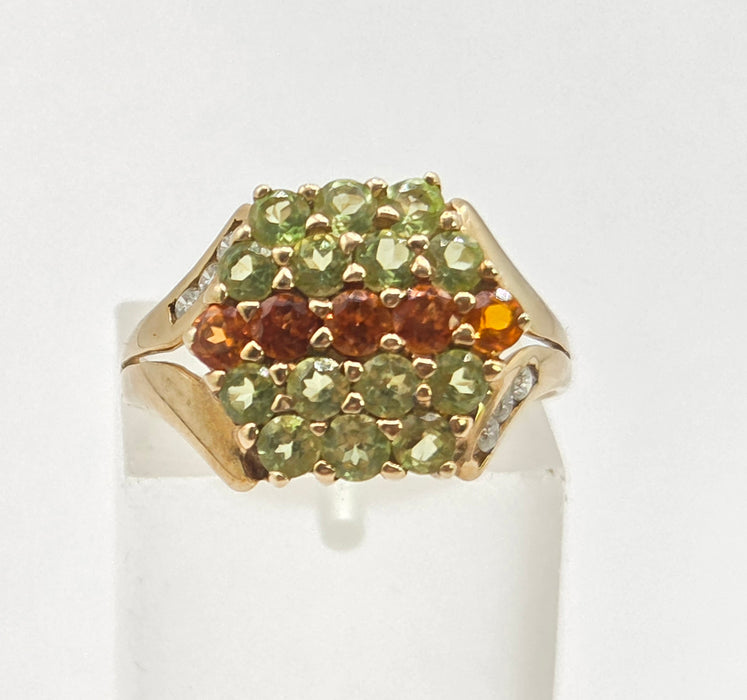 Vintage: 9ct Yellow Gold Peridot & Citrine Cluster Ring