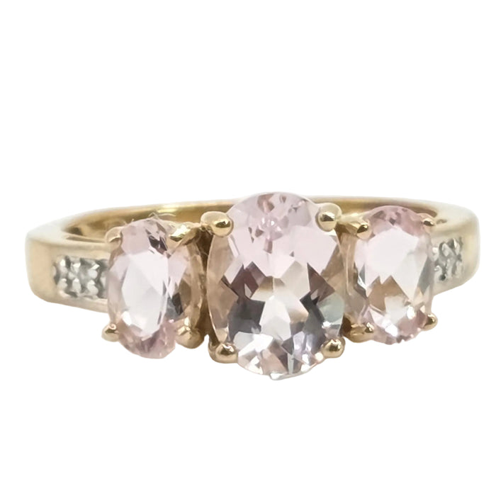 Vintage: 9ct Yellow Gold Morganite & Diamond Three-Stone Ring