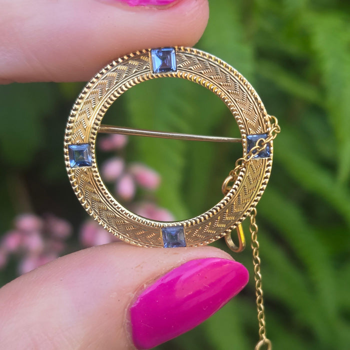 Vintage: 14K Gold Four Sapphire Commemorative Brooch — From 1921