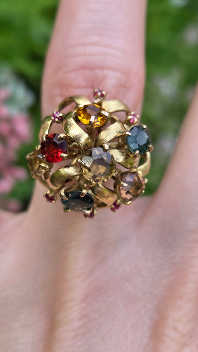 Vintage: 9ct Gold Multi-Gem Sapphire, Garnet & Ruby Cocktail Ring